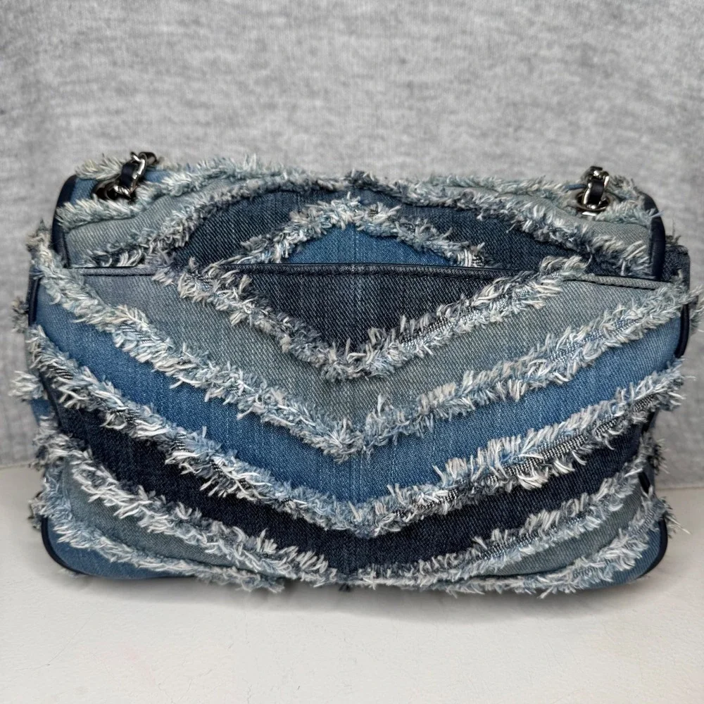 Michael Kors Sloan Large Denim Patchwork Frayed Chevron Shoulder Bag Blue Silver - Picture 11 of 15